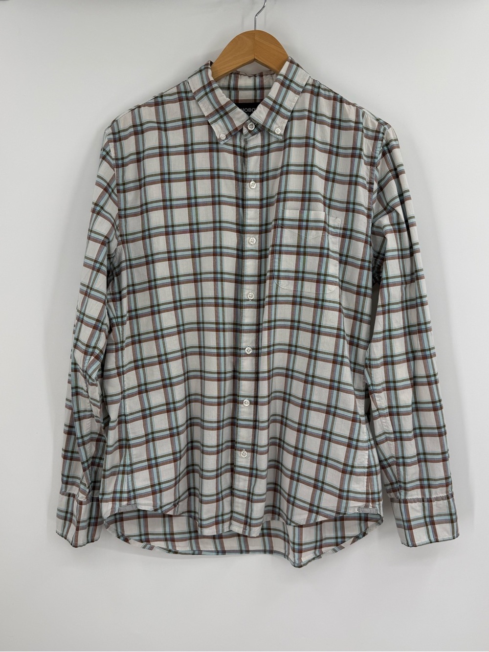 Bonobos Men's Stretch Slim Fit Plaid Button Down Shirt | White Blue Brown | L